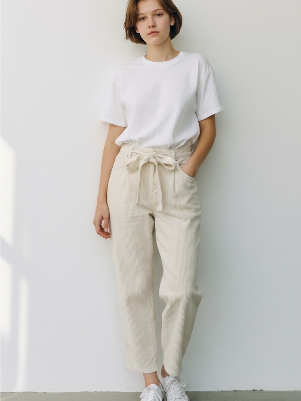 Blu Pepper Preppy Belted 100% Cotton Cream Ribbed Corduroy Pants Size medium
